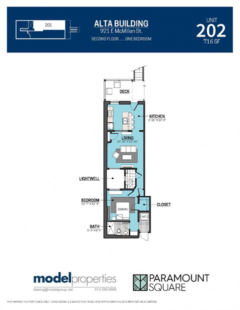 Floor plan for 1 bed, 1 bath, 716 sqft